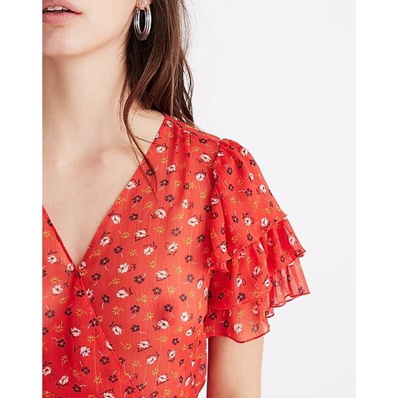 Madewell Tiered-Sleeve Peplum Top In Metallic Prairie Posies Red Floral Print 0 - Picture 3 of 9
